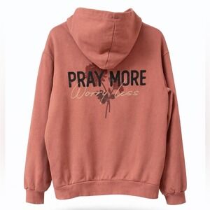 Pray More Worry Less Mauve Faith Graphic Hoodie Cozy Inspirational | Medium